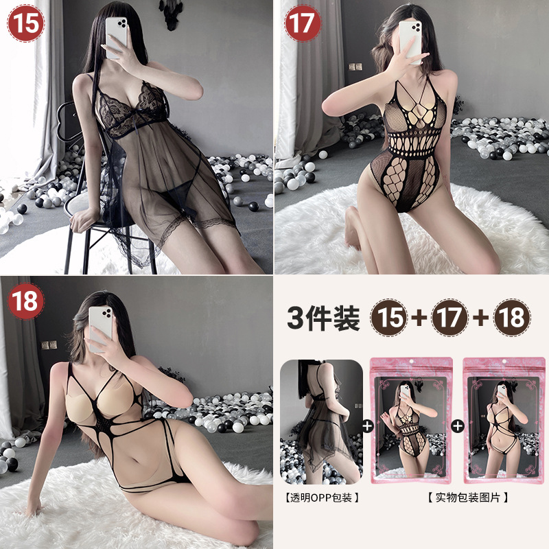 Linlin Ting sexy lingerie cross-border plus size sexy see through hollow one-piece seduction set open stocking set
