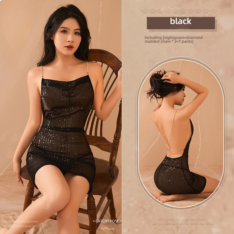 Mei Nai Er's sexy lingerie, sexy sparkling pearl film, girls' nightclub jumpsuit, seductive dress, bold, no take off sho