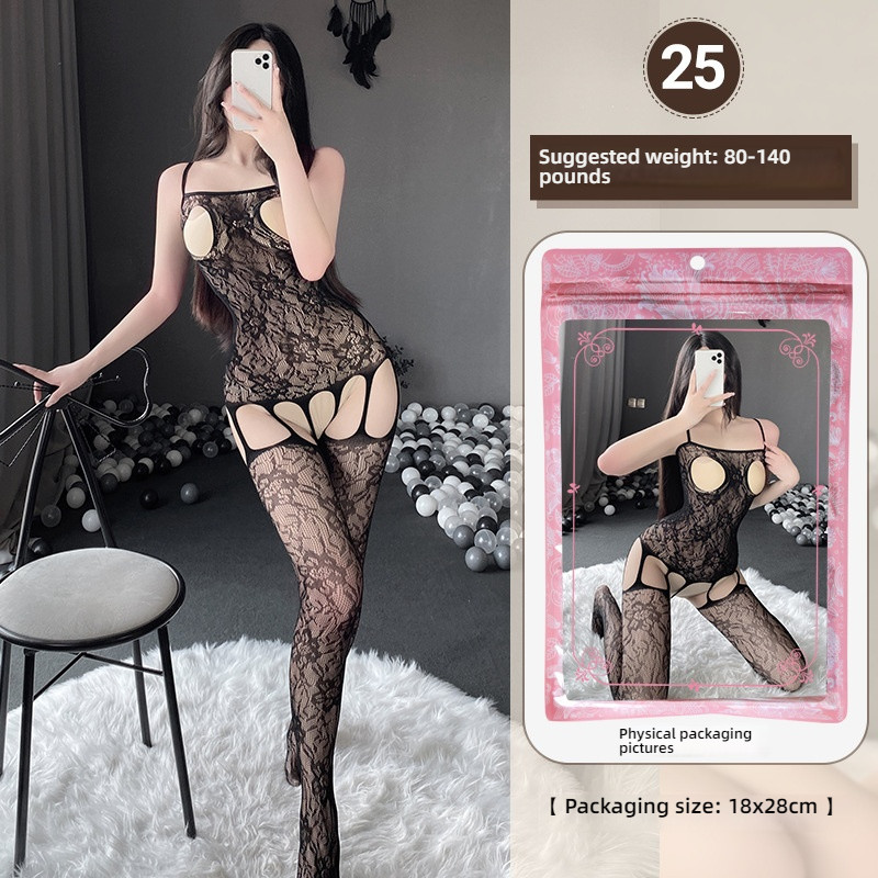 Linlin Ting sexy lingerie cross-border plus size sexy see through hollow one-piece seduction set open stocking set