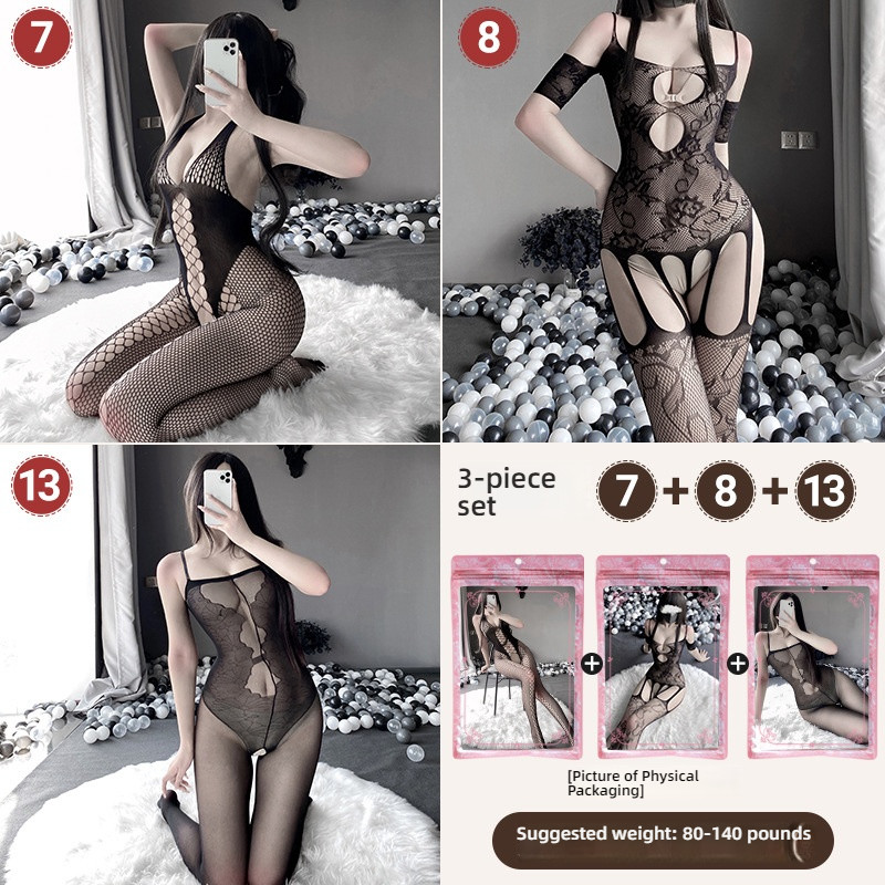 Linlin Ting sexy lingerie cross-border plus size sexy see through hollow one-piece seduction set open stocking set