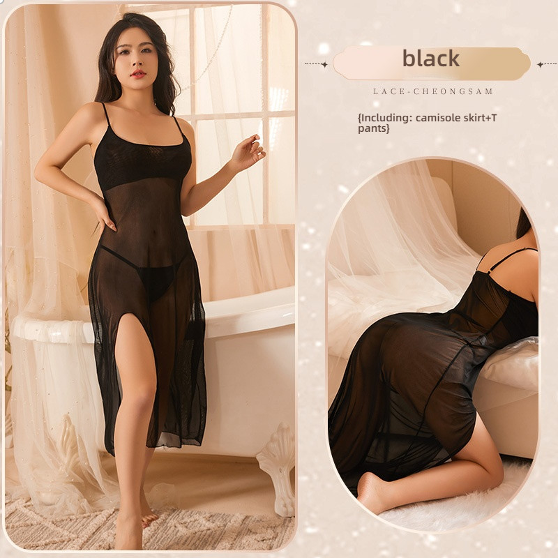 Sexy lingerie plus size extreme seductive suspender long skirt transparent seductive nightgown mesh nightclub set