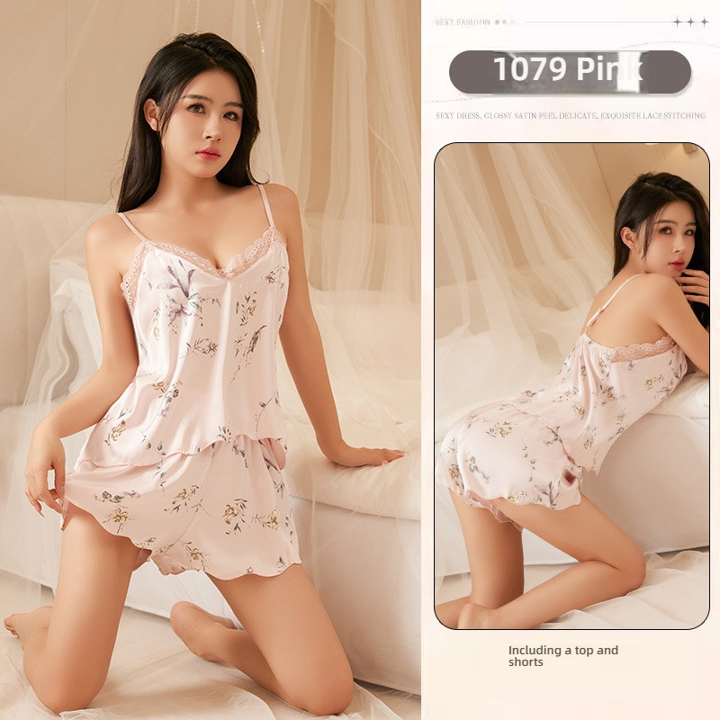Fun temperament lingerie sexy deep V lace seduction sweet print suspender shorts silky home set hair replacement