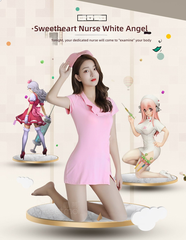 Fei Mu's foot color plays a sexy pink nurse short sleeved suit