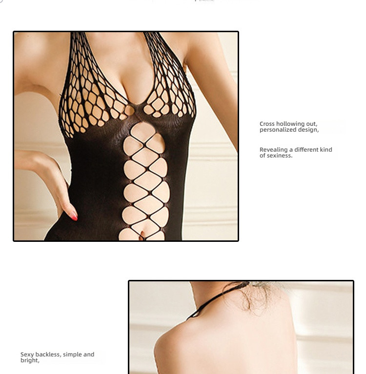 Stacy's sexy fishing net jumpsuit with hanging neck and gear on