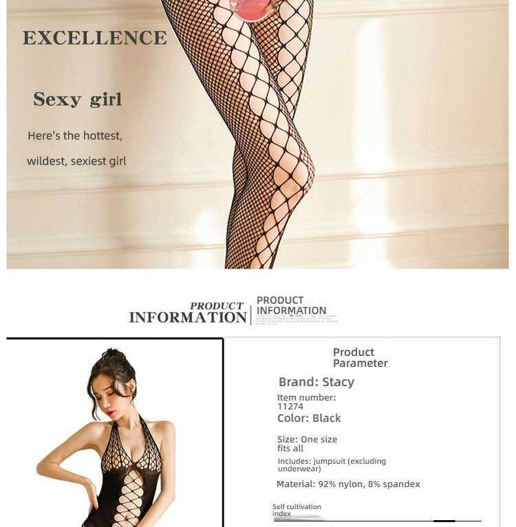Stacy's sexy fishing net jumpsuit with hanging neck and gear on