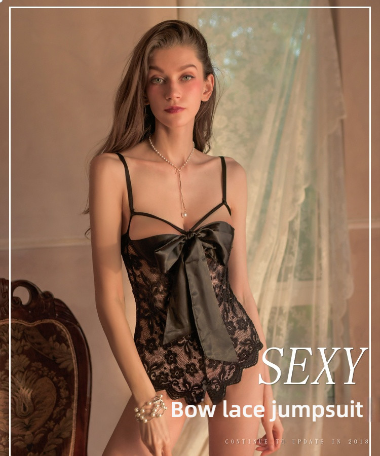 Sexy hollowed out see through butterfly bow lace lace open cut suspender jumpsuit
