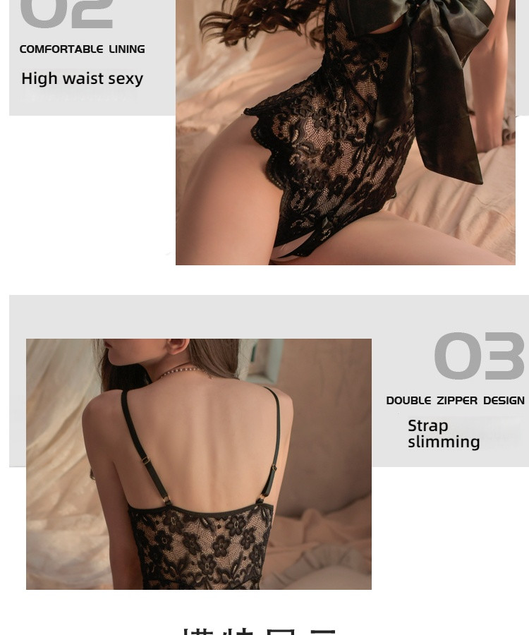 Sexy hollowed out see through butterfly bow lace lace open cut suspender jumpsuit