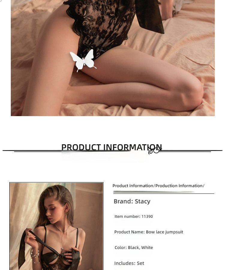 Sexy hollowed out see through butterfly bow lace lace open cut suspender jumpsuit