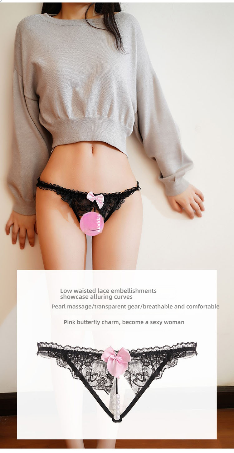 Pink bow lace crotch sexy pearl massage underwear