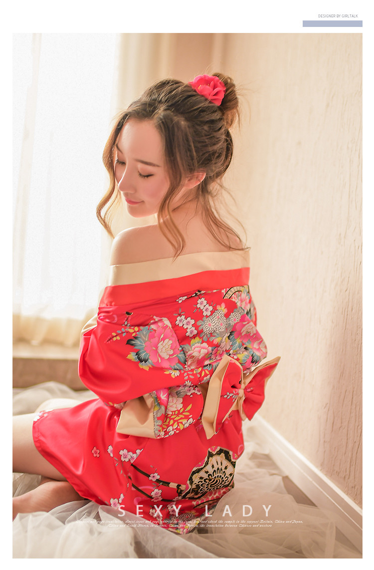 Stacy Japanese geisha style leakage nipple cross collar printed short kimono nightgown