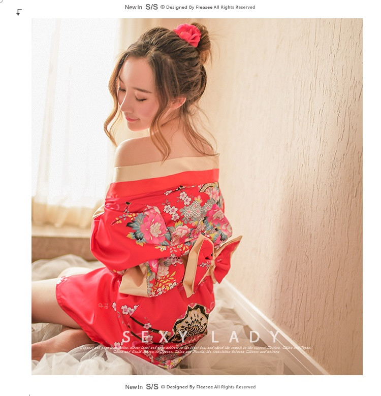 Stacy Japanese geisha style leakage nipple cross collar printed short kimono nightgown