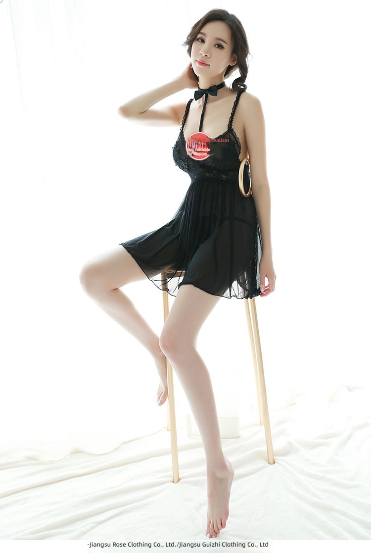 Flower oriole sexy hanging neck exposed breast naked back mesh transparent short skirt