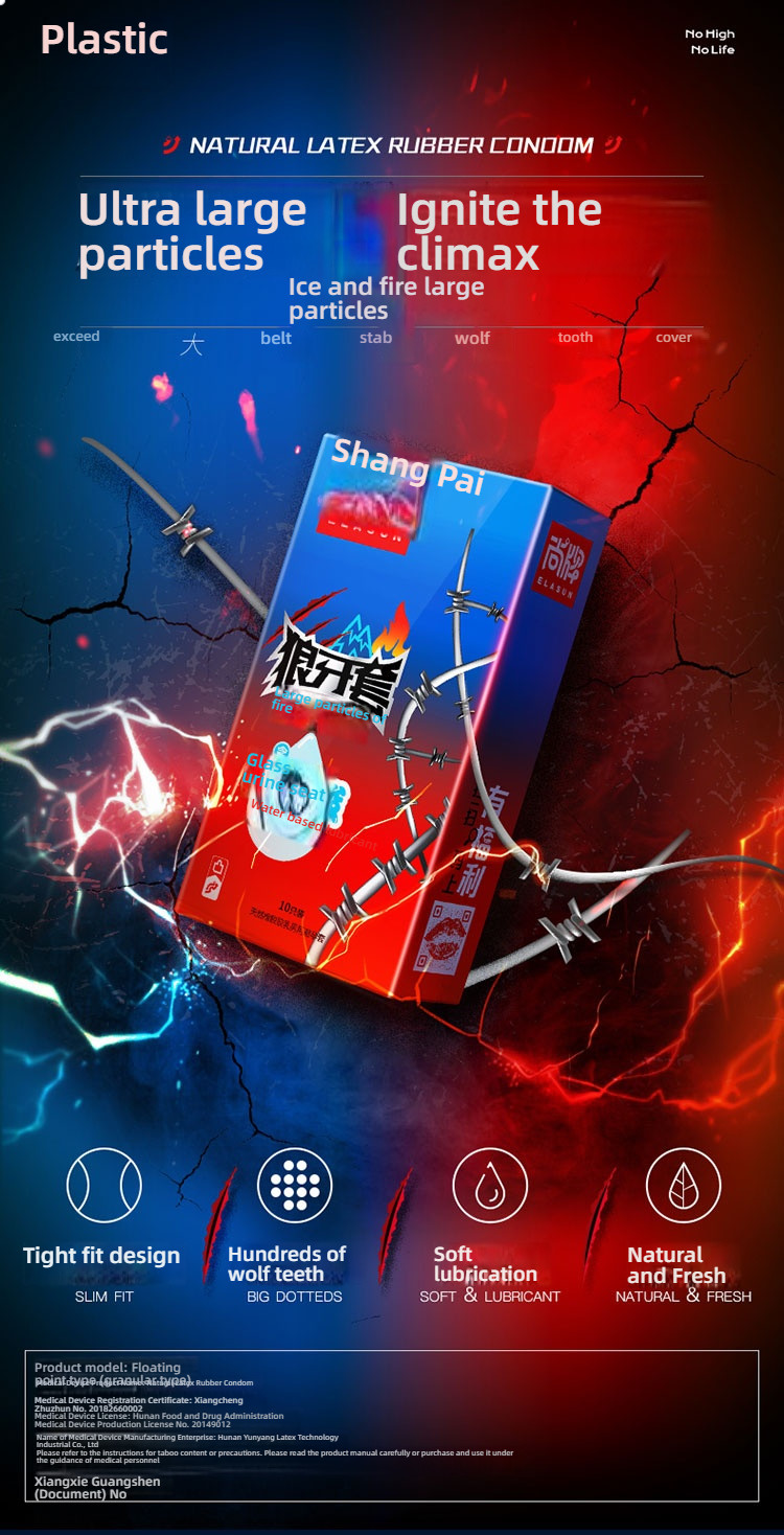 ELASUN Shangpai Wolf Fang Condom Ice Fire Large Particle (Hyaluronic Acid) Condom 10 Pieces Set