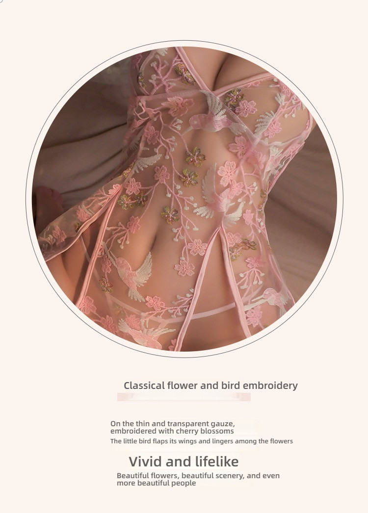 Fei Mu Classical Flower and Bird Embroidery Split Cheongsam 7078 Pink