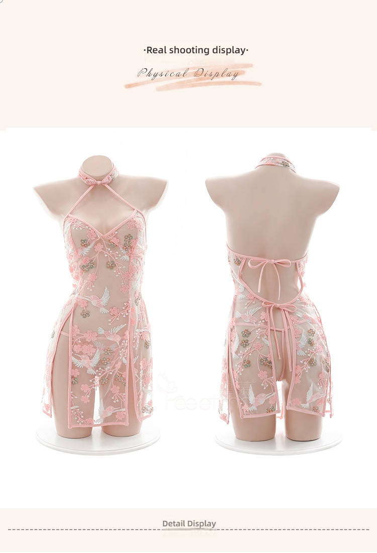 Fei Mu Classical Flower and Bird Embroidery Split Cheongsam 7078 Pink