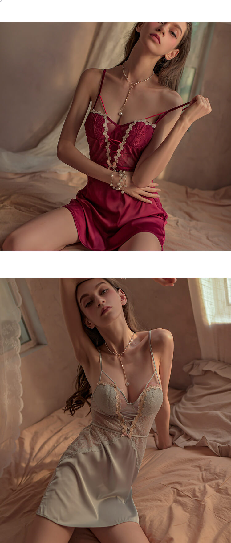 Stacy sexy back suspender lace thin nightgown blue