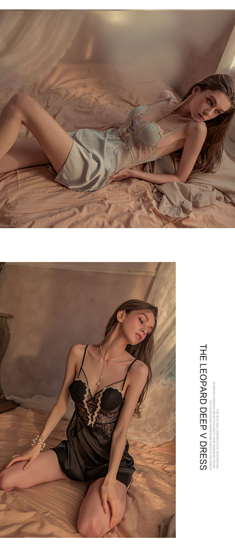 Stacy sexy back suspender lace thin nightgown blue