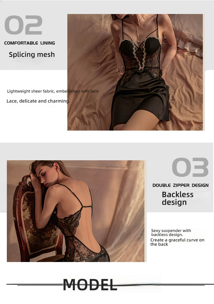Stacy sexy back suspender lace thin nightgown blue