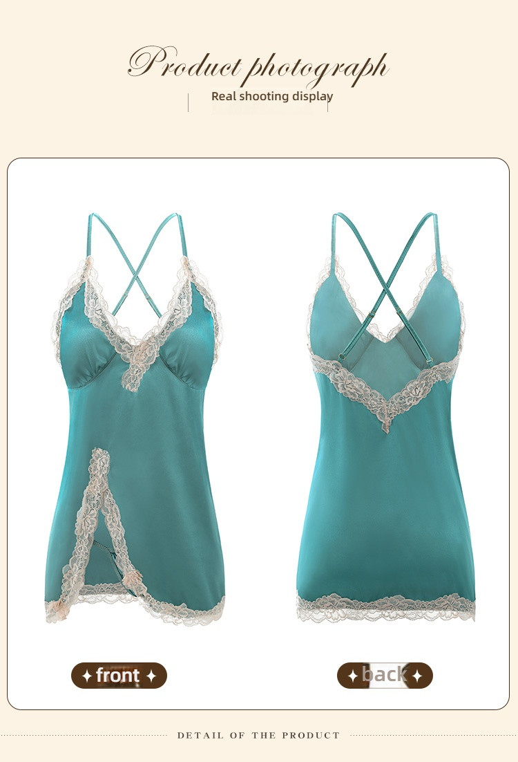 Fei Mu Shen V suspender sexy simulation silk nightgown blue-green