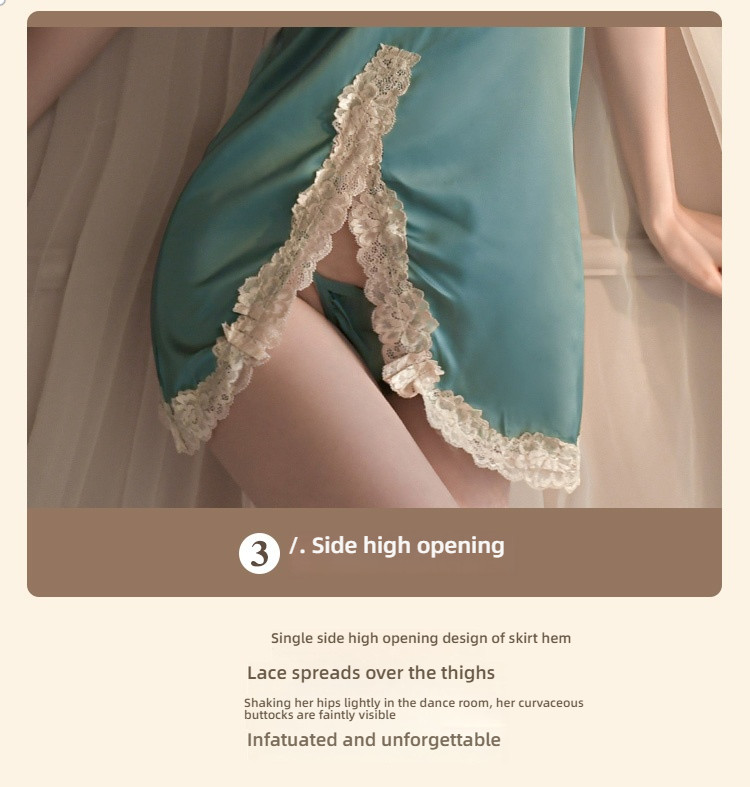 Fei Mu Shen V suspender sexy simulation silk nightgown blue-green