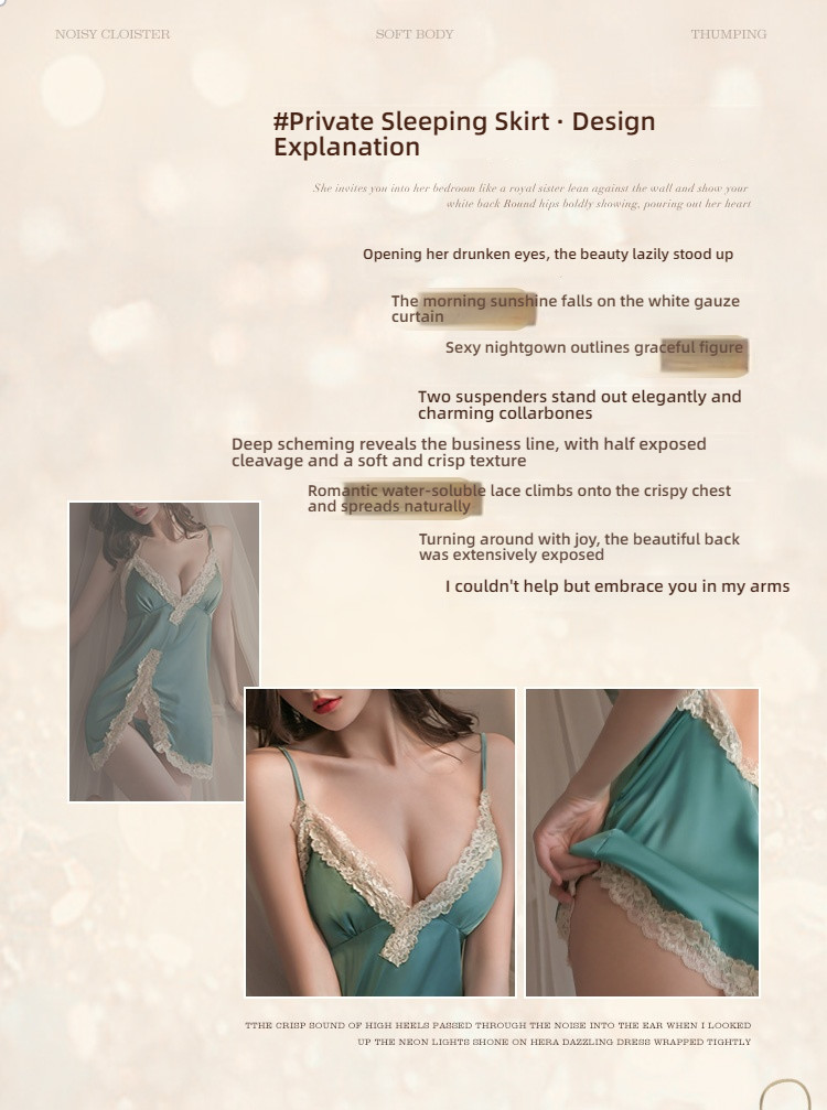 Fei Mu Shen V suspender sexy simulation silk nightgown blue-green