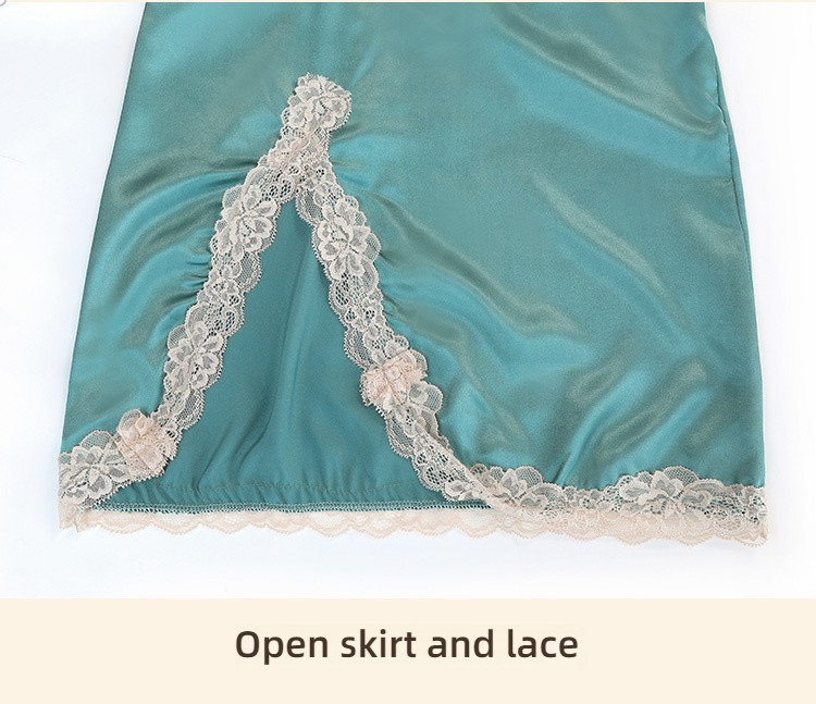 Fei Mu Shen V suspender sexy simulation silk nightgown blue-green