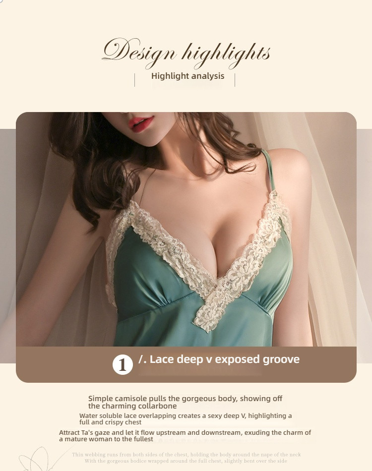Fei Mu Shen V suspender sexy simulation silk nightgown blue-green