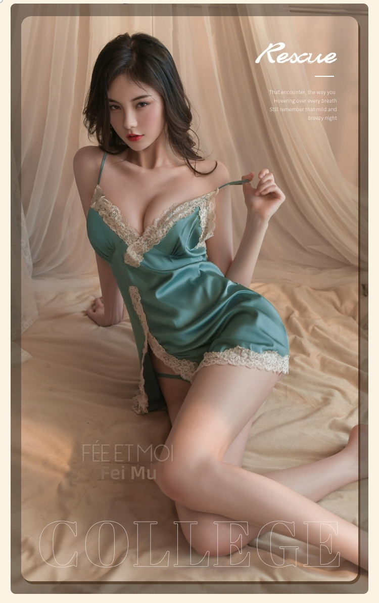 Fei Mu Shen V suspender sexy simulation silk nightgown blue-green