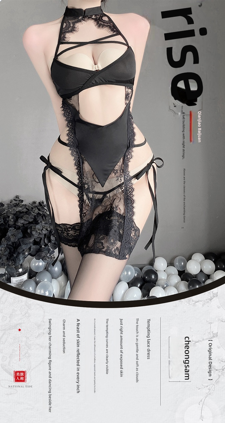 Stacey Perspective Neck Hanging Lace Cheongsam Sex Underwear Black