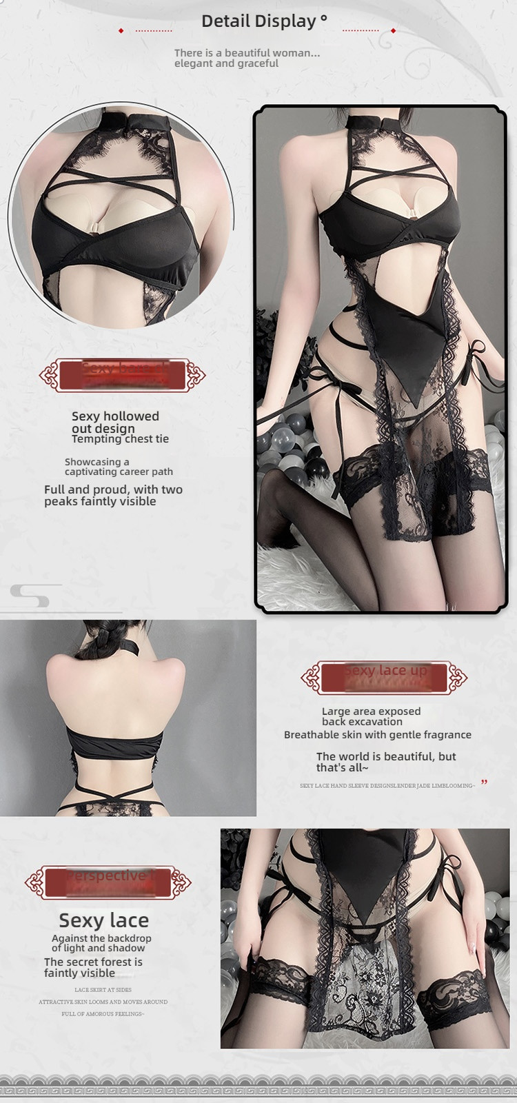 Stacey Perspective Neck Hanging Lace Cheongsam Sex Underwear Black
