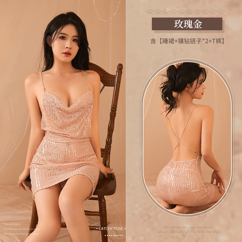 Mei Nai Er's sexy lingerie, sexy sparkling pearl film, girls' nightclub jumpsuit, seductive dress, bold, no take off sho