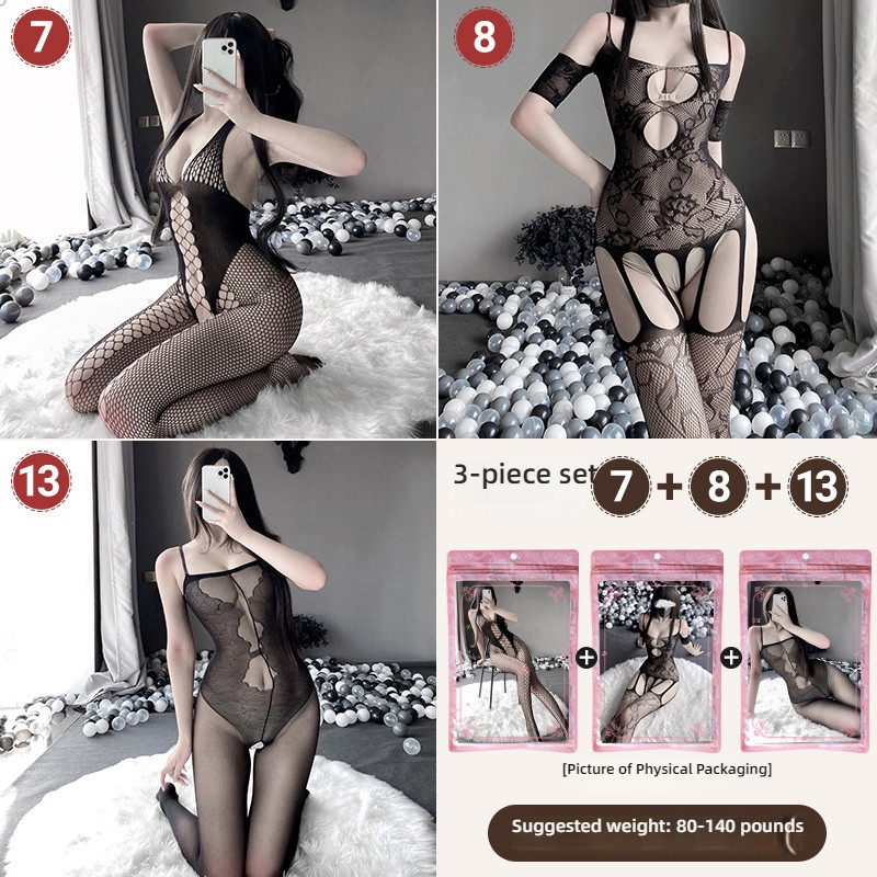 Linlin Ting sexy lingerie cross-border plus size sexy see through hollow one-piece seduction set open stocking set