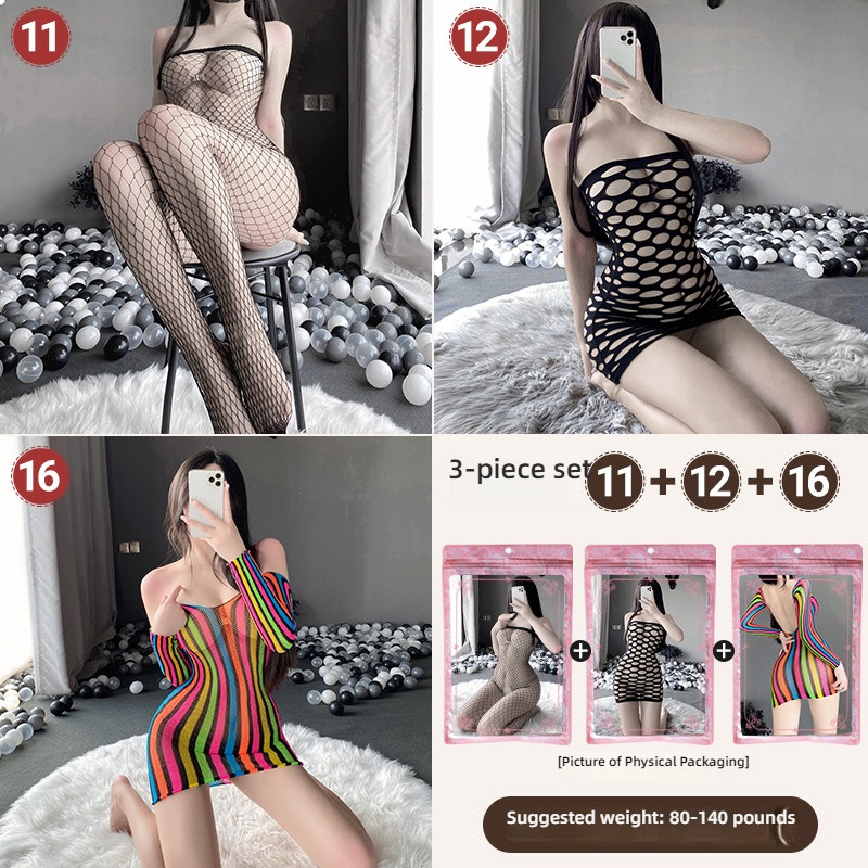 Linlin Ting sexy lingerie cross-border plus size sexy see through hollow one-piece seduction set open stocking set