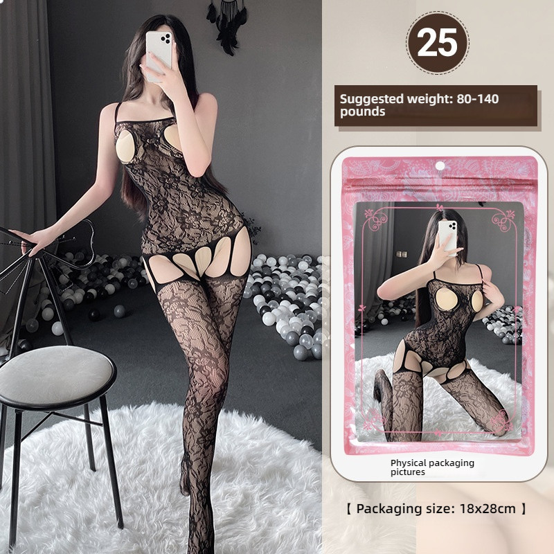 Linlin Ting sexy lingerie cross-border plus size sexy see through hollow one-piece seduction set open stocking set