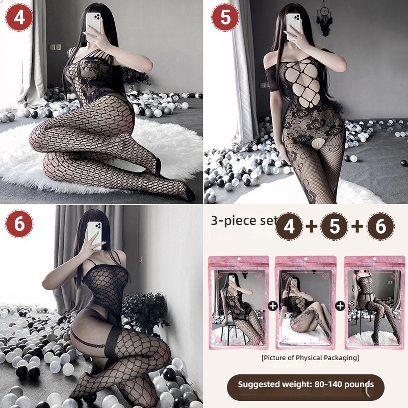 Linlin Ting sexy lingerie cross-border plus size sexy see through hollow one-piece seduction set open stocking set