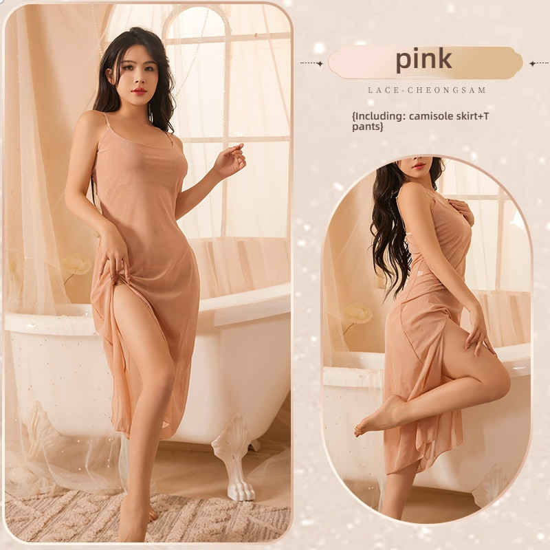 Sexy lingerie plus size extreme seductive suspender long skirt transparent seductive nightgown mesh nightclub set