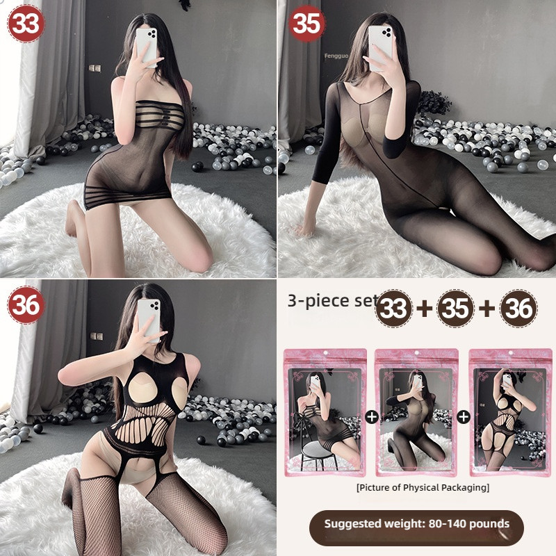 Linlin Ting sexy lingerie cross-border plus size sexy see through hollow one-piece seduction set open stocking set