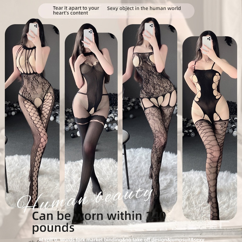 Linlin Ting sexy lingerie cross-border plus size sexy see through hollow one-piece seduction set open stocking set