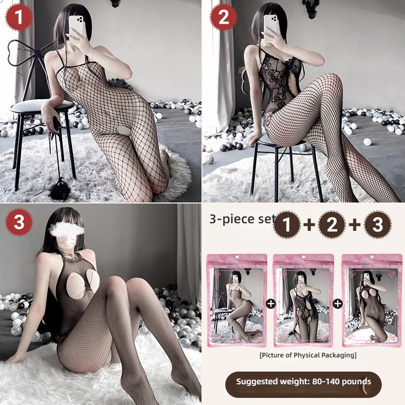 Linlin Ting sexy lingerie cross-border plus size sexy see through hollow one-piece seduction set open stocking set