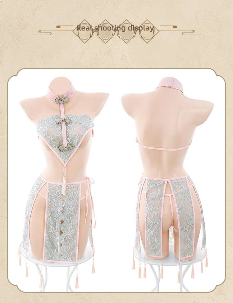 Fei Mu lace bellyband tassel retro split skirt gray green+pink