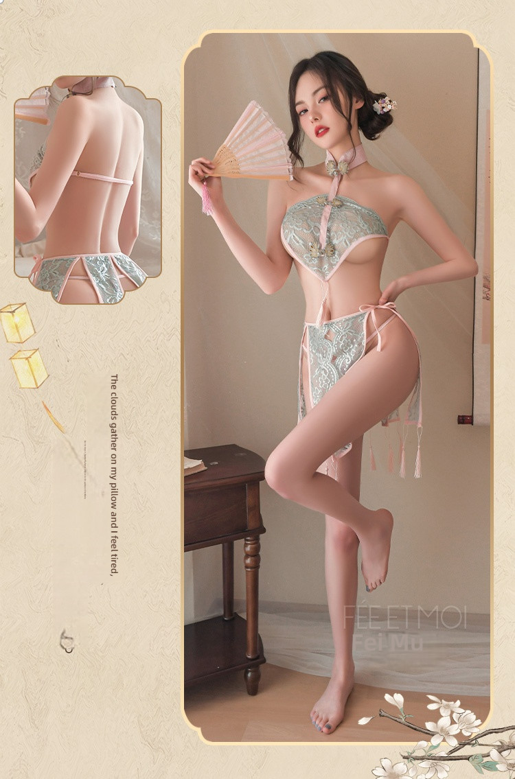 Fei Mu lace bellyband tassel retro split skirt gray green+pink