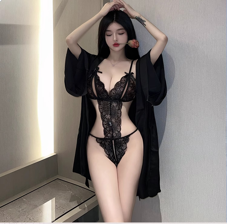 Stacy seduces with open crotch, hollowed out see through jumpsuit